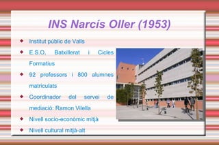 INS Narcís Oller (1953) Institut públic de Valls E.S.O, Batxillerat i Cicles Formatius 92 professors i 800 alumnes matriculats Coordinador del servei de mediació: Ramon Vilella Nivell socio-econòmic mitjà Nivell cultural mitjà-alt 