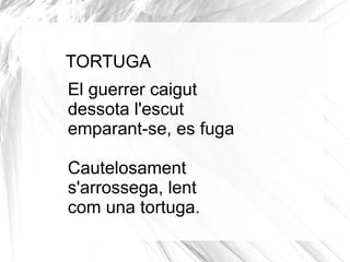 TORTUGA
El guerrer caigut
dessota l'escut
emparant-se, es fuga

Cautelosament
s'arrossega, lent
com una tortuga.
 