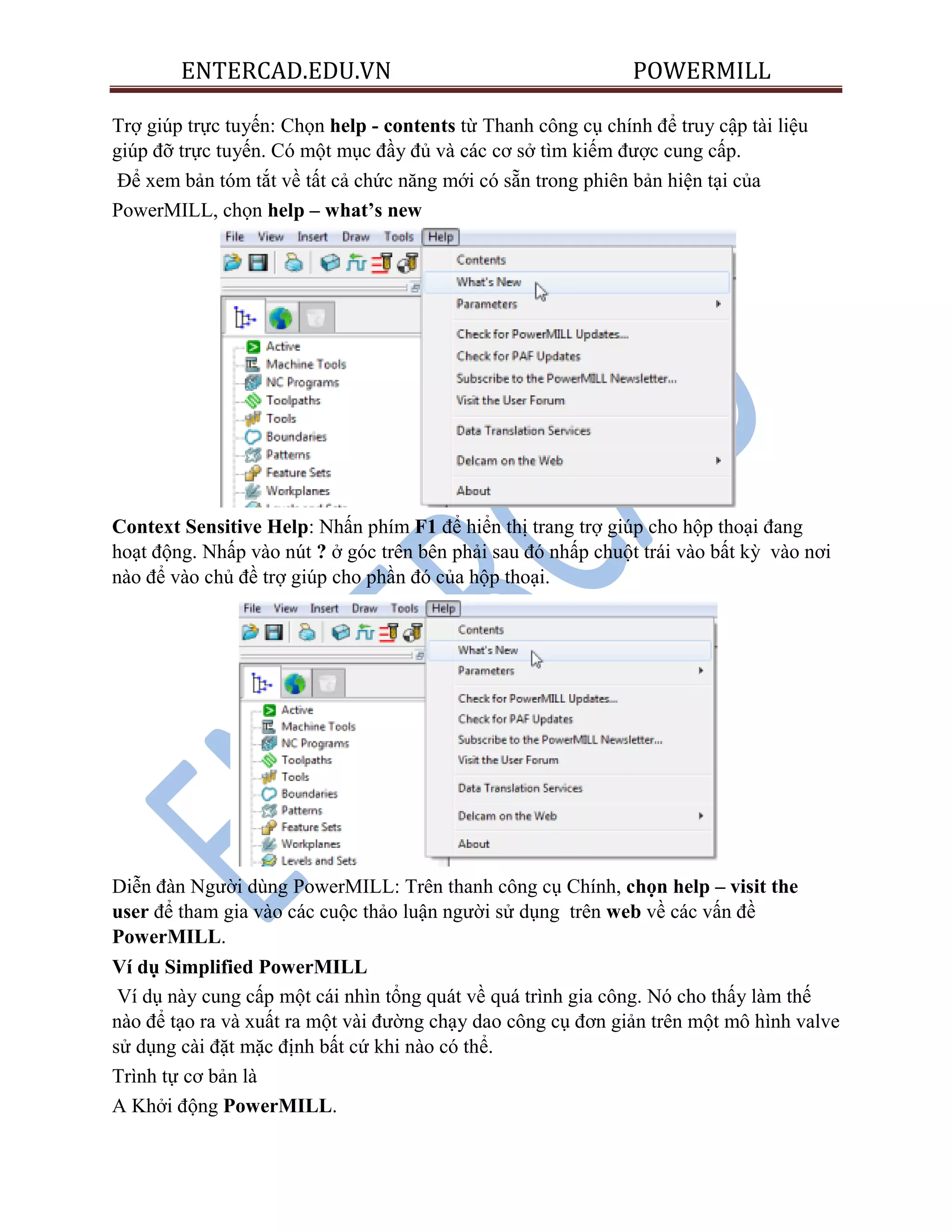ENTERCAD.EDU.VN POWERMILL
Trợ giúp trực tuyến: Chọn help - contents từ Thanh công cụ chính để truy cập tài liệu
giúp đỡ trực tuyến. Có một mục đầy đủ và các cơ sở tìm kiếm được cung cấp.
Để xem bản tóm tắt về tất cả chức năng mới có sẵn trong phiên bản hiện tại của
PowerMILL, chọn help – what’s new
Context Sensitive Help: Nhấn phím F1 để hiển thị trang trợ giúp cho hộp thoại đang
hoạt động. Nhấp vào nút ? ở góc trên bên phải sau đó nhấp chuột trái vào bất kỳ vào nơi
nào để vào chủ đề trợ giúp cho phần đó của hộp thoại.
Diễn đàn Người dùng PowerMILL: Trên thanh công cụ Chính, chọn help – visit the
user để tham gia vào các cuộc thảo luận người sử dụng trên web về các vấn đề
PowerMILL.
Ví dụ Simplified PowerMILL
Ví dụ này cung cấp một cái nhìn tổng quát về quá trình gia công. Nó cho thấy làm thế
nào để tạo ra và xuất ra một vài đường chạy dao công cụ đơn giản trên một mô hình valve
sử dụng cài đặt mặc định bất cứ khi nào có thể.
Trình tự cơ bản là
A Khởi động PowerMILL.
 