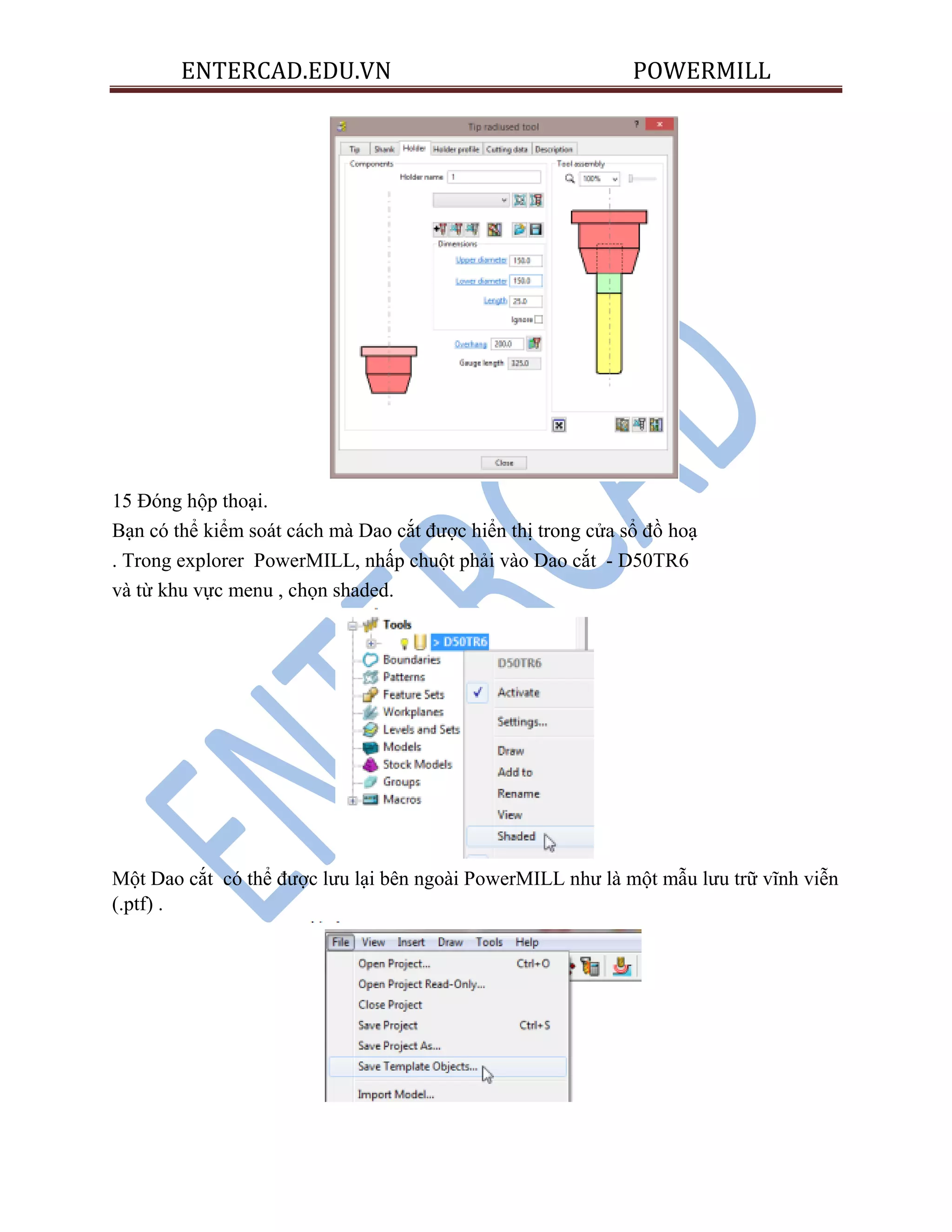 ENTERCAD.EDU.VN POWERMILL
15 Đóng hộp thoại.
Bạn có thể kiểm soát cách mà Dao cắt được hiển thị trong cửa sổ đồ hoạ
. Trong explorer PowerMILL, nhấp chuột phải vào Dao cắt - D50TR6
và từ khu vực menu , chọn shaded.
Một Dao cắt có thể được lưu lại bên ngoài PowerMILL như là một mẫu lưu trữ vĩnh viễn
(.ptf) .
 