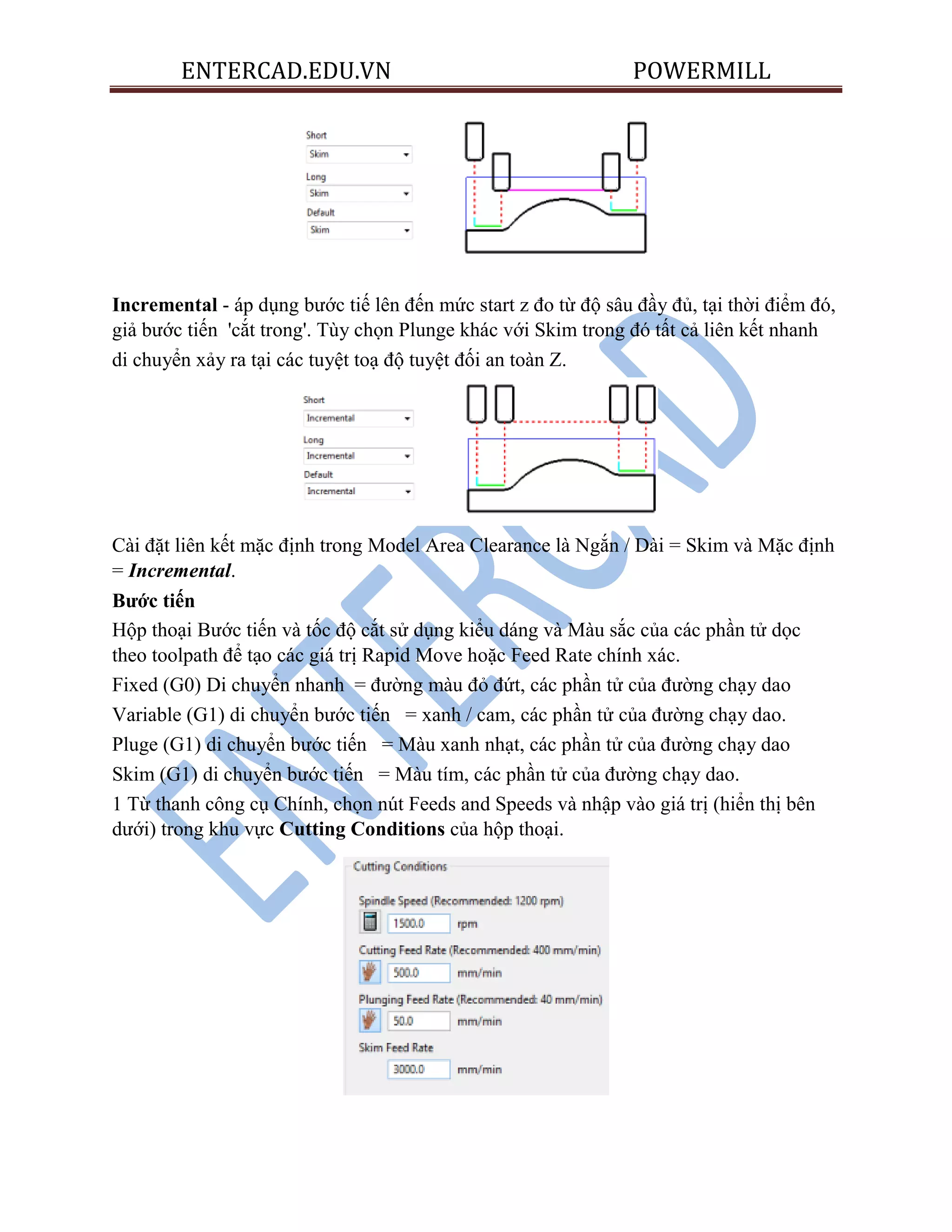 ENTERCAD.EDU.VN POWERMILL
Incremental - áp dụng bước tiế lên đến mức start z đo từ độ sâu đầy đủ, tại thời điểm đó,
giả bước tiến 'cắt trong'. Tùy chọn Plunge khác với Skim trong đó tất cả liên kết nhanh
di chuyển xảy ra tại các tuyệt toạ độ tuyệt đối an toàn Z.
Cài đặt liên kết mặc định trong Model Area Clearance là Ngắn / Dài = Skim và Mặc định
= Incremental.
Bƣớc tiến
Hộp thoại Bước tiến và tốc độ cắt sử dụng kiểu dáng và Màu sắc của các phần tử dọc
theo toolpath để tạo các giá trị Rapid Move hoặc Feed Rate chính xác.
Fixed (G0) Di chuyển nhanh = đường màu đỏ đứt, các phần tử của đường chạy dao
Variable (G1) di chuyển bước tiến = xanh / cam, các phần tử của đường chạy dao.
Pluge (G1) di chuyển bước tiến = Màu xanh nhạt, các phần tử của đường chạy dao
Skim (G1) di chuyển bước tiến = Màu tím, các phần tử của đường chạy dao.
1 Từ thanh công cụ Chính, chọn nút Feeds and Speeds và nhập vào giá trị (hiển thị bên
dưới) trong khu vực Cutting Conditions của hộp thoại.
 