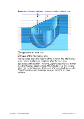 PowerMILL 2012 R2 What's New Toolpath generation • 15
Stepup - the distance between the intermediate cutting levels.
Stepdown of the main slice.
Stepup of the intermediate slice.
The main slice clears the majority of the material. The intermediate
slices remove the terraces remaining after the main slice.
Detect material thicker than - PowerMILL ignores rest material thinner
than the threshold specified here. This helps to avoid thin regions
being rest machined, where the benefit of a second cut is negligible.
These thin regions can be caused by cusps from the previous
toolpath.
 