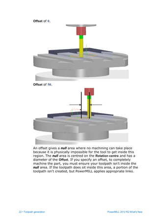 22 • Toolpath generation PowerMILL 2012 R2 What's New
Offset of 0.
Offset of 50.
An offset gives a null area where no machining can take place
because it is physically impossible for the tool to get inside this
region. The null area is centred on the Rotation centre and has a
diameter of the Offset. If you specify an offset, to completely
machine the part, you must ensure your toolpath isn't inside the
null area. If the toolpath does sit inside this area, a portion of the
toolpath isn't created, but PowerMILL applies appropriate links.
 