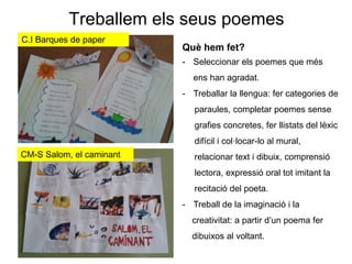 Treballem els seus poemes
C.I Barques de paper
CM-S Salom, el caminant
Què hem fet?
- Seleccionar els poemes que més
ens h...