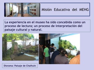 Misión Educativa del MEHG
La experiencia en el museo ha sido concebida como un
proceso de lectura; un proceso de interpretación del
paisaje cultural y natural.
Diorama: Paisaje de Chaihuìn
 
