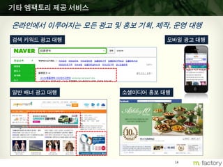 14
기타 엠팩토리 제공 서비스
검색 키워드 광고 대행
일반 배너 광고 대행 소셜미디어 홍보 대행
온라인에서 이루어지는 모든 광고 및 홍보 기획, 제작, 운영 대행
모바일 광고 대행
 