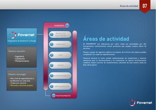 07
Áreas de actividad
En POWERNET nos esforzamos por cubrir todas sus necesidades, por ello
incorporamos continuamente nuevos productos que amplíen nuestra oferta de
servicios.
Nuestro equipo de ingeniería definirá el proyecto de la forma más óptima posible,
cumpliendo con todas las especificaciones.
Nuestros técnicos lo harán posible implementando las instalaciones y sistemas
necesarios para su funcionamiento, y lo mantendrán en óptimo funcionamiento
mediante nuestro servicio de mantenimiento, cubriendo de esta manera todas las
fases del proyecto.
Áreas de actividad
 