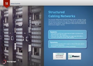10
Structured
Cabling Networks
The structured cabling network provides the physical means to maintain all of the
communications, security and control services.  We have our own highly qualified
staff with extensive experience in all stages of the project, including the engineering,
installation and maintenance.  Proven experience in Data Centre environments and
infrastructures managed in real-time.
Systems:
•	 UTP Copper and FTP Cat3, Cat5E, Cat6 and Cat6A in accordance with
EIA/TIA and ISO 11801 standards.
•	 Multi-mode Fibre Optic (OM1-OM4) and single-mode (OS1-OS2) in
accordance with EIA/TIA and ISO 11801 standards.
Solutions:
•	 Pre-terminated assemblies,both in copper as well as in fibre optic cable,for
fast and flexible deployments.
•	 Manageable in real-time, such as imVision and PanView.
Areas of activity
 