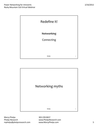 PowerNetworkingforIntroverts                                    2/16/2012
RockyMountainSLAVirtualWebinar




                                      Redefineit!


                                        Networking

                                        Connecting




                                             #rmsla           9




                                 Networkingmyths




                                             #rmsla           10




MarcyPhelps                         303.239.0657
PhelpsResearch                      www.PhelpsResearch.com
mphelps@phelpsresearch.com           www.MarcyPhelps.com                  5
 