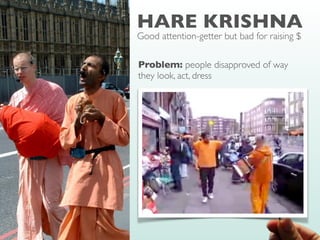HARE KRISHNA
Good attention-getter but bad for raising $
Problem: people disapproved of way
they look, act, dress
Solution: Rule of reciprocity is strong
enough to overcome dislike for requester
• Give gift (book,
fl
ower) before making the
request for money
• Don’t allow passersby to return gift
• Benefactor-before-beggar
strategy very successful
 