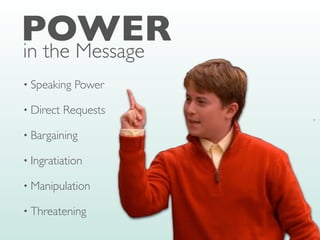 • Speaking Power
• Direct Requests
• Bargaining
• Ingratiation
• Manipulation
• Threatening
POWER
in the Message
 