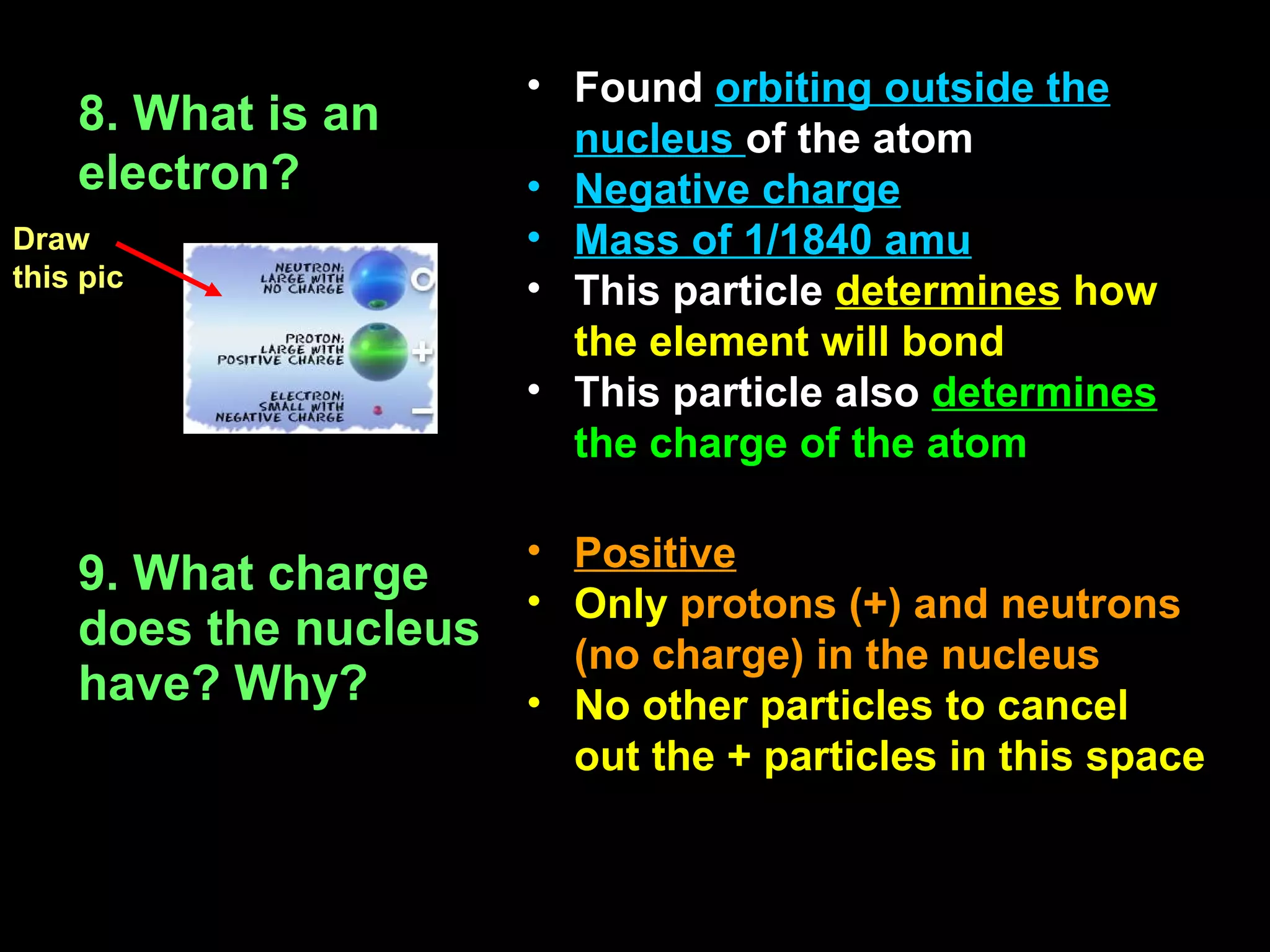 • Found orbiting outside the
    8. What is an        nucleus of the atom
    electron?          • Negative charge
Draw                   • Mass of 1/1840 amu
this pic               • This particle determines how
                         the element will bond
                       • This particle also determines
                         the charge of the atom

                       •
                       Positive
    9. What charge
                     • Only protons (+) and neutrons
    does the nucleus   (no charge) in the nucleus
    have? Why?       • No other particles to cancel
                           out the + particles in this space
 