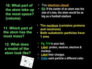 10. What part of   • The electron cloud
 the atom take up   • EX: If the center of an atom was the
                      size of a bee, the atom would be as
 the most space?
                      big as a football stadium
 (volume)
                    • The nucleus (contains protons
11. Which part of     and neutrons)
the atom has the    • Both subatomic particles have
most mass?            1 amu

12. What does       • Pg. 174 in your text.
                    • Label: proton, neutron, electron &
a model of the
                      nucleus.
atom look like?     • Label their charges.
                    • Color each particle a different color
 