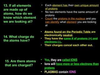 13. If all elements   •   Each element has their own unique amount
are made up of            of protons
                      •   No two elements have the same amount of
atoms, how do we          protons
know which element    •   Count the protons in the nucleus and you
we are looking at?        can identify what element you are looking
                          at

                      • Atoms found on the Periodic Table are
                        electronically neutral.
14. What charge do    • They have the same # of protons (+) and
the atoms have?         electrons (-),.
                      • Their charges cancel each other out.




15. Are there atoms   • Yes, they are called IONS
that are charged?     • Ions will have more or less electrons than
                        protons
                      • PLASMAS contain IONS
 