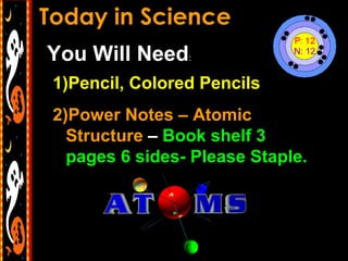 You Will Need:
1)Pencil, Colored Pencils
2)Power Notes – Atomic
  Structure – Book shelf 3
  pages 6 sides- Please Staple.
 