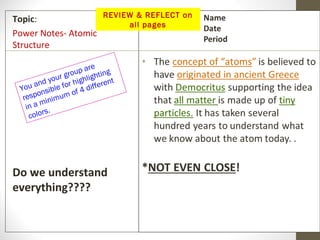 REVIEW & REFLECT on
Topic:
                         all pages
Power Notes- Atomic
Structure

                      are
                gr oup ghting
         nd your r highli rent
 Y ou a sible fo 4 diffe
                    f
  re spon imum o
            n
   in a mi
          rs.
    co l o




Do we understand
everything????
 