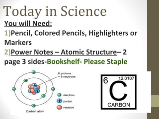 Today in Science
You will Need:
1)Pencil, Colored Pencils, Highlighters or
Markers
2)Power Notes – Atomic Structure– 2
page 3 sides-Bookshelf- Please Staple
 