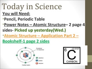 Today in Science
You will Need:
•Pencil, Periodic Table
•Power Notes – Atomic Structure– 2 page 4
sides- Picked up yesterday(Wed.)
•Atomic Structure – Application Part 2 –
Bookshelf-1 page 2 sides
 