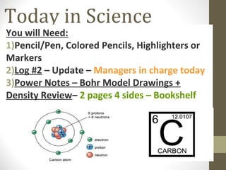Today in Science
You will Need:
1)Pencil/Pen, Colored Pencils, Highlighters or
Markers
2)Log #2 – Update – Managers in charge today
3)Power Notes – Bohr Model Drawings +
Density Review– 2 pages 4 sides – Bookshelf
 