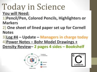Today in Science

You will Need:
1)Pencil/Pen, Colored Pencils, Highlighters or
Markers
2) One sheet of lined paper set up for Cornell
Notes
3)Log #4 – Update – Managers in charge today
4)Power Notes – Bohr Model Drawings +
Density Review– 2 pages 4 sides – Bookshelf

 