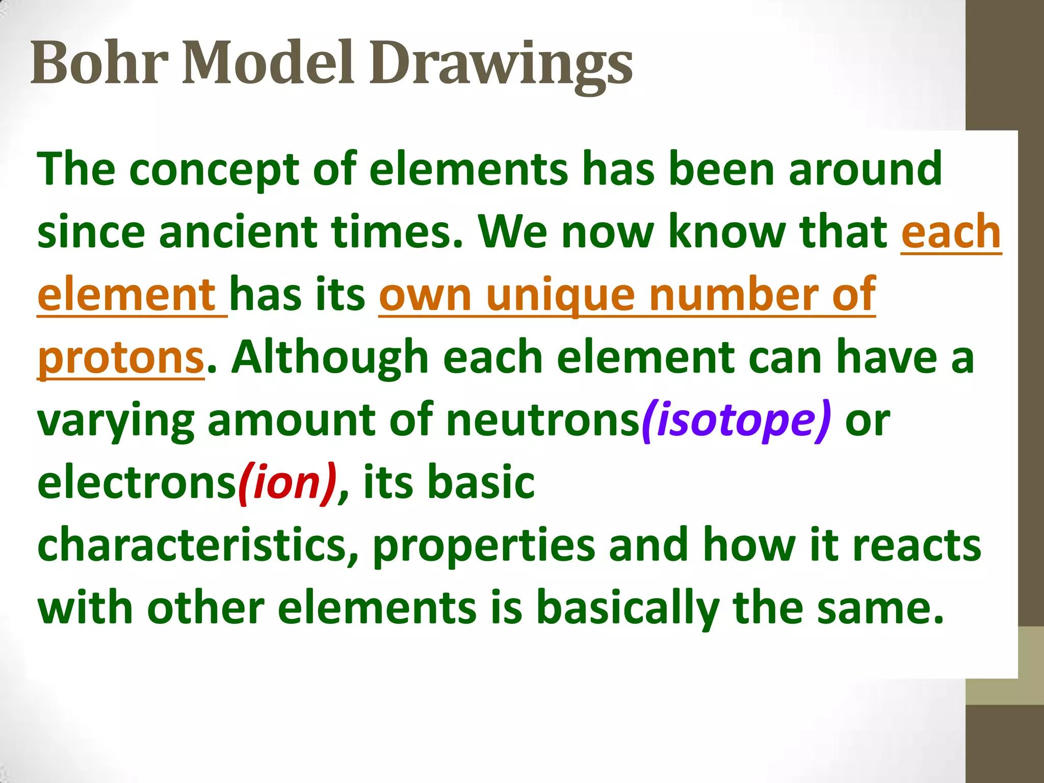 Bohr Model Drawings
The concept of elements has been around
since ancient times. We now know that each
element has its own unique number of
protons. Although each element can have a
varying amount of neutrons(isotope) or
electrons(ion), its basic
characteristics, properties and how it reacts
with other elements is basically the same.
 