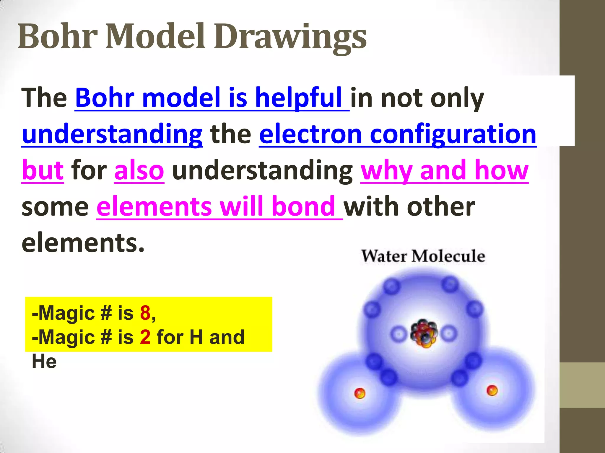 Bohr Model Drawings
The Bohr model is helpful in not only
understanding the electron configuration
but for also understanding why and how
some elements will bond with other
elements.
-Magic # is 8,
-Magic # is 2 for H and
He
 