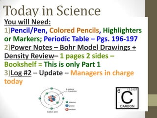 Today in Science
You will Need:
1)Pencil/Pen, Colored Pencils, Highlighters
or Markers; Periodic Table – Pgs. 196-197
2)Power Notes – Bohr Model Drawings +
Density Review– 1 pages 2 sides –
Bookshelf = This is only Part 1
3)Log #2 – Update – Managers in charge
today
 