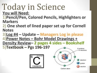 Today in Science

You will Need:
1)Pencil/Pen, Colored Pencils, Highlighters or
Markers
2) One sheet of lined paper set up for Cornell
Notes
3)Log #4 – Update – Managers Log in please
4)Power Notes – Bohr Model Drawings +
Density Review– 2 pages 4 sides – Bookshelf
5)Textbook – Pgs 196-197

 