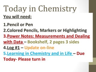 Today in Chemistry
You will need:
1.Pencil or Pen
2.Colored Pencils, Markers or Highlighting
3.Power Notes: Measurements and Dealing
with Data – Bookshelf, 2 pages 3 sides
4.Log #1 – Update on-line
5.Learning in Chemistry and in Life – Due
Today- Please turn in
 