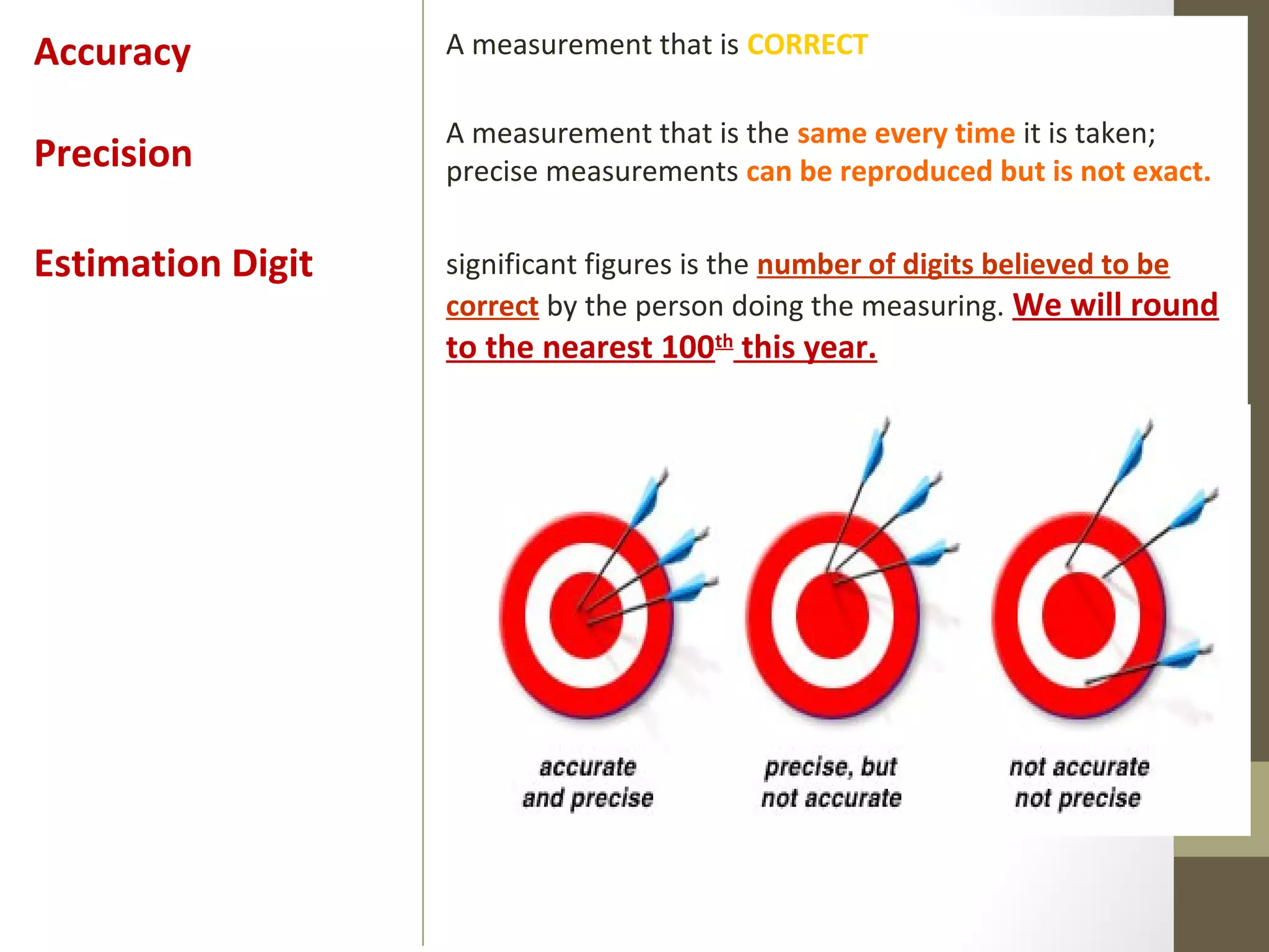 A measurement that is CORRECT
A measurement that is the same every time it is taken;
precise measurements can be reproduced but is not exact.
significant figures is the number of digits believed to be
correct by the person doing the measuring. We will round
to the nearest 100th
this year.
Accuracy
Precision
Estimation Digit
 