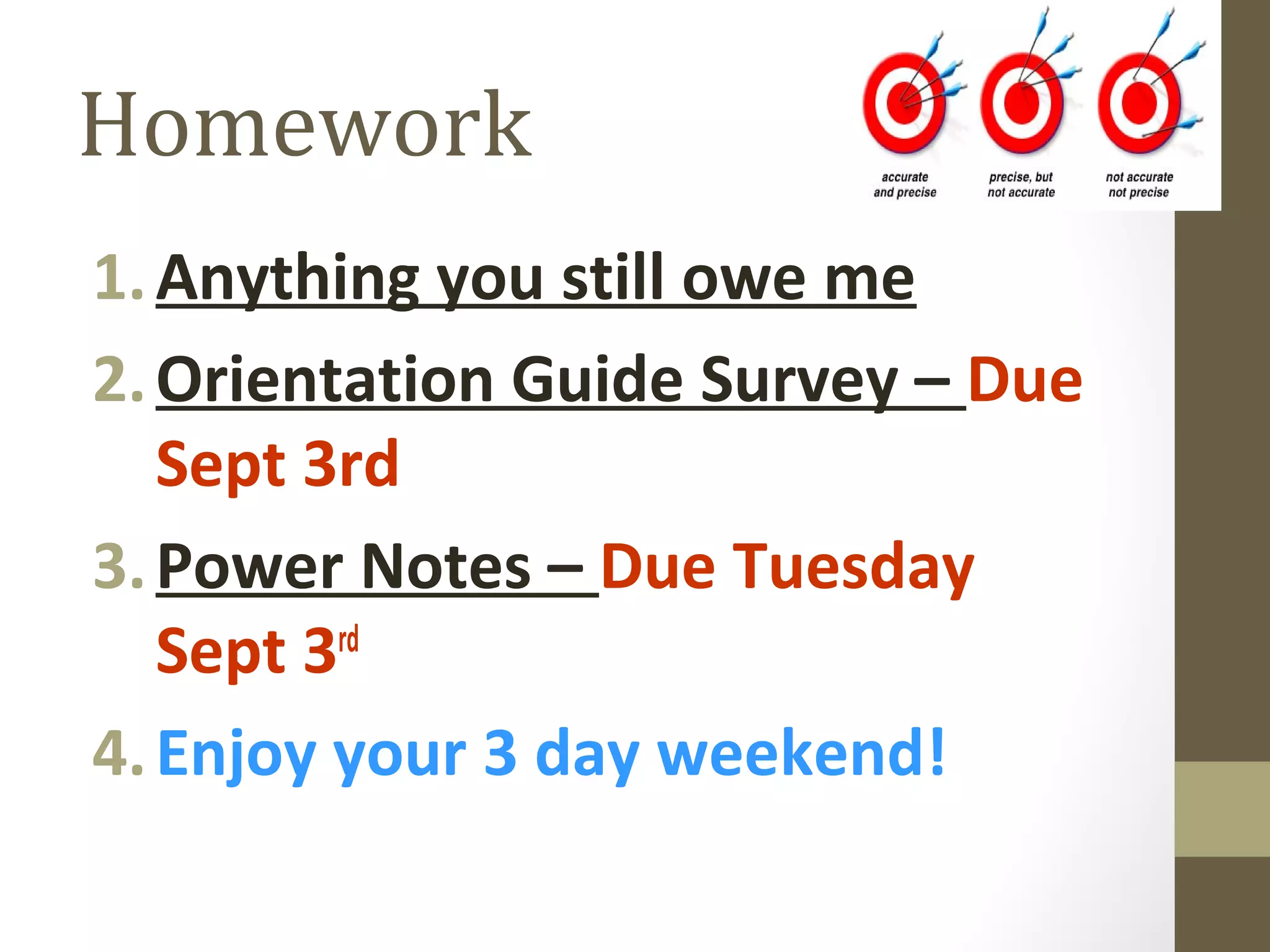 Homework
1.Anything you still owe me
2.Orientation Guide Survey – Due
Sept 3rd
3.Power Notes – Due Tuesday
Sept 3rd
4.Enjoy your 3 day weekend!
 