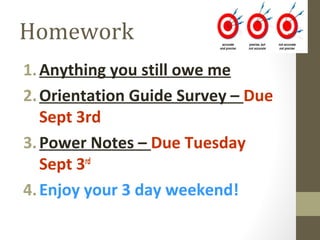 Homework
1.Anything you still owe me
2.Orientation Guide Survey – Due
Sept 3rd
3.Power Notes – Due Tuesday
Sept 3rd
4.Enjoy your 3 day weekend!
 
