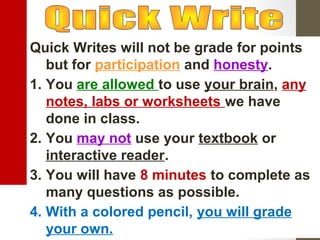 Quick Writes will not be grade for points
but for participation and honesty.
1. You are allowed to use your brain, any
notes, labs or worksheets we have
done in class.
2. You may not use your textbook or
interactive reader.
3. You will have 8 minutes to complete as
many questions as possible.
4. With a colored pencil, you will grade
your own.
 