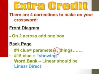 There are 4 corrections to make on your
crossword:
Front Diagram
- On 2 across add one box
Back Page
- #4 clue= parameters, things…….
- #15 clue = “showing”
- Word Bank – Linear should be
Linear Direct
 