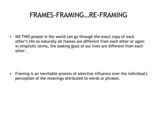 FRAMES-FRAMING…RE-FRAMING <ul><li>NO TWO people in the world can go through the exact copy of each other’s life so natural...
