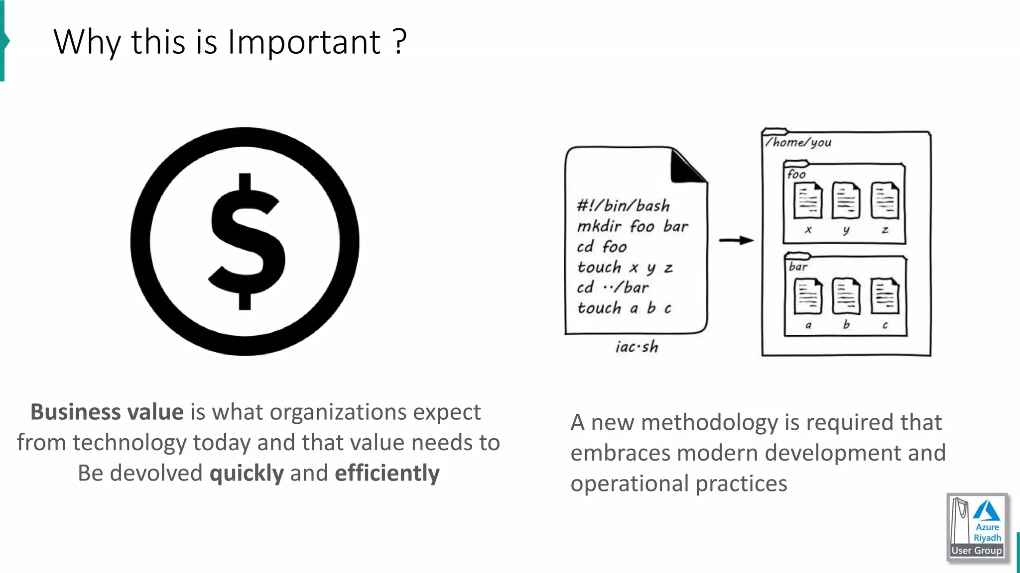 Why this is Important ?
Business value is what organizations expect
from technology today and that value needs to
Be devolved quickly and efficiently
A new methodology is required that
embraces modern development and
operational practices
 