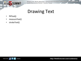 Drawing	
  Text	
  
•  ﬁllText()	
  
•  measureText()	
  
•  strokeText()	
  




                                             11	

 