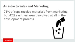 An 
intro 
to 
Sales 
and 
MarkeMng 
71% 
of 
reps 
receive 
materials 
from 
marke>ng, 
but 
42% 
say 
they 
aren't 
involved 
at 
all 
in 
the 
development 
process 
 
