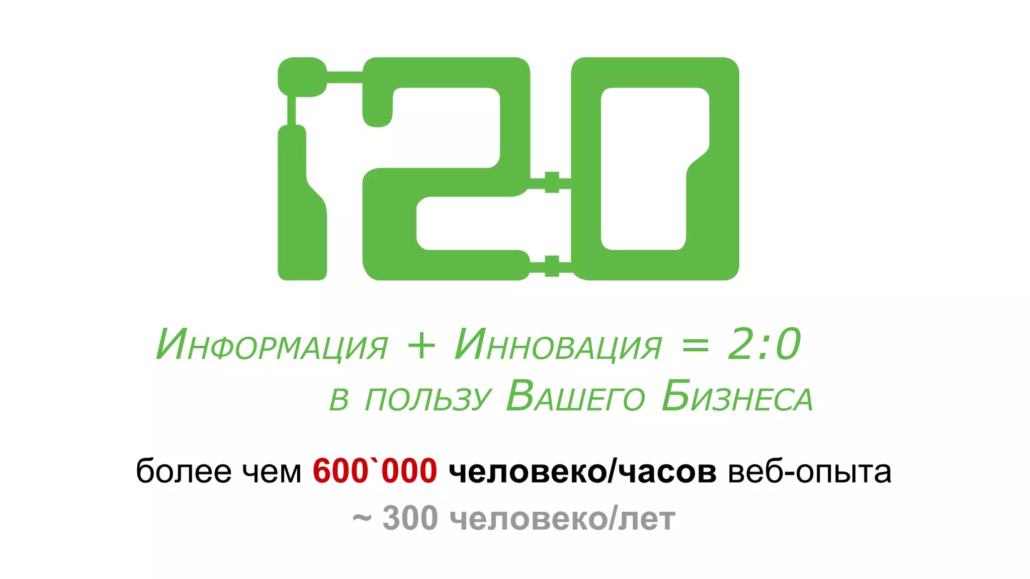 более чем 600`000 человеко/часов веб-опыта
~ 300 человеко/лет
ИНФОРМАЦИЯ + ИННОВАЦИЯ = 2:0
В ПОЛЬЗУ ВАШЕГО БИЗНЕСА
 