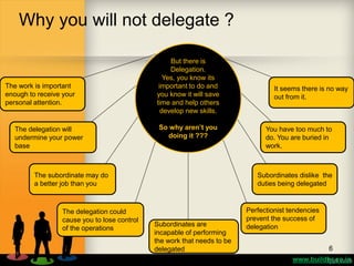 Why you will not delegate ?
The work is important
enough to receive your
personal attention.
The delegation will
undermine...