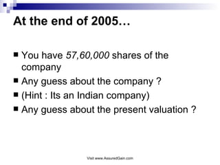 At the end of 2005… You have  57,60,000  shares of the company Any guess about the company ?  (Hint : Its an Indian company) Any guess about the present valuation ?  