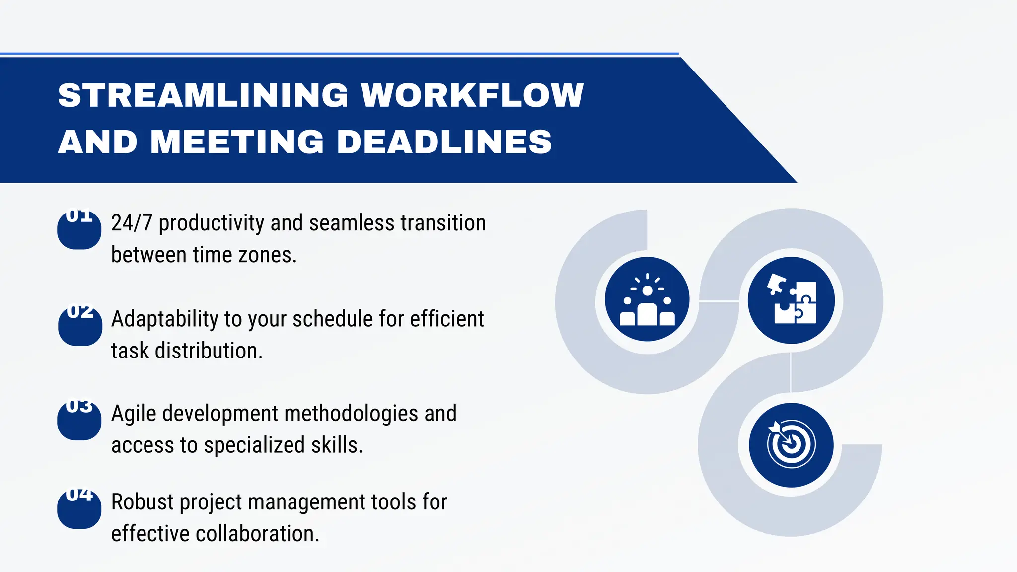01 24/7 productivity and seamless transition
between time zones.
STREAMLINING WORKFLOW
AND MEETING DEADLINES
02 Adaptability to your schedule for efficient
task distribution.
03 Agile development methodologies and
access to specialized skills.
04 Robust project management tools for
effective collaboration.
 