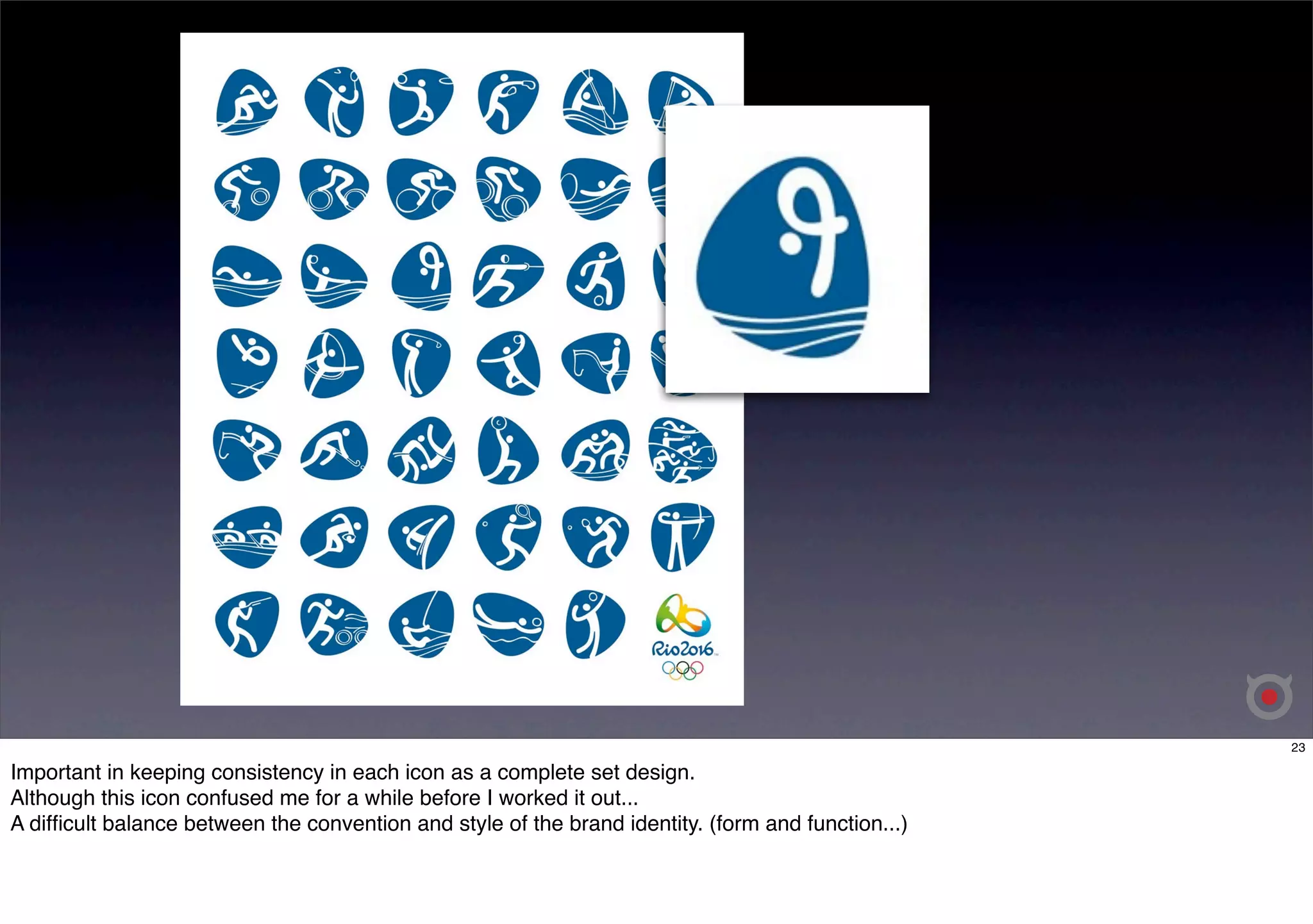 23 
Important in keeping consistency in each icon as a complete set design. 
Although this icon confused me for a while before I worked it out... 
A difficult balance between the convention and style of the brand identity. (form and function...) 
 