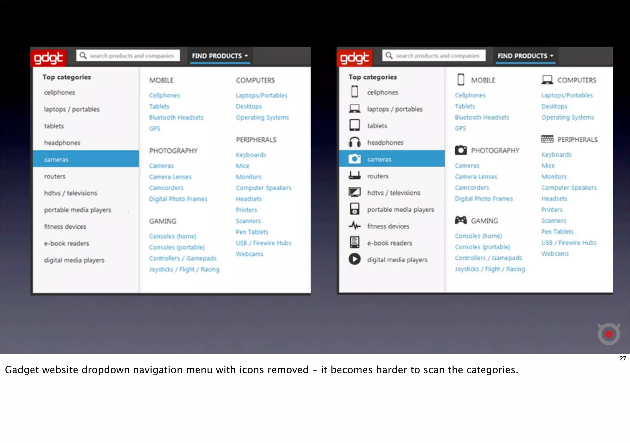 27 
Gadget website dropdown navigation menu with icons removed - it becomes harder to scan the categories. 
 