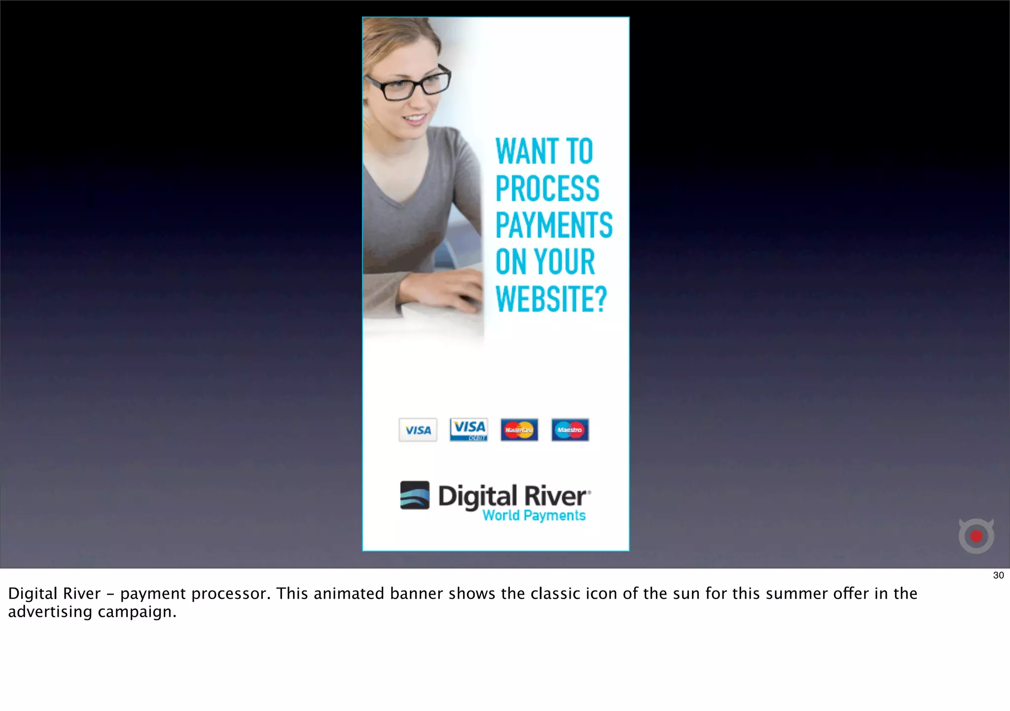 30 
Digital River - payment processor. This animated banner shows the classic icon of the sun for this summer offer in the 
advertising campaign. 
 