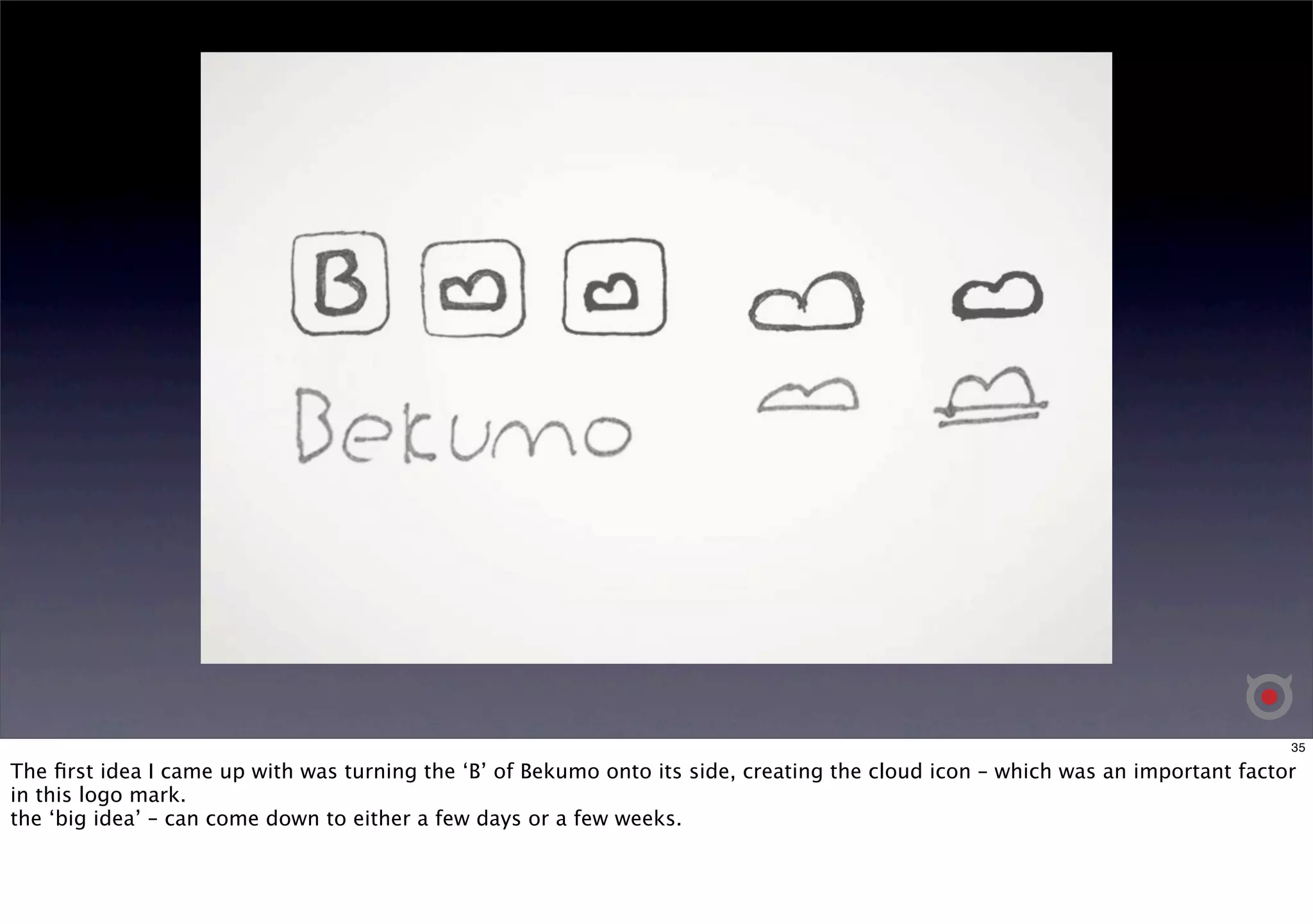 35 
The first idea I came up with was turning the ‘B’ of Bekumo onto its side, creating the cloud icon – which was an important factor 
in this logo mark. 
the ‘big idea’ – can come down to either a few days or a few weeks. 
 
