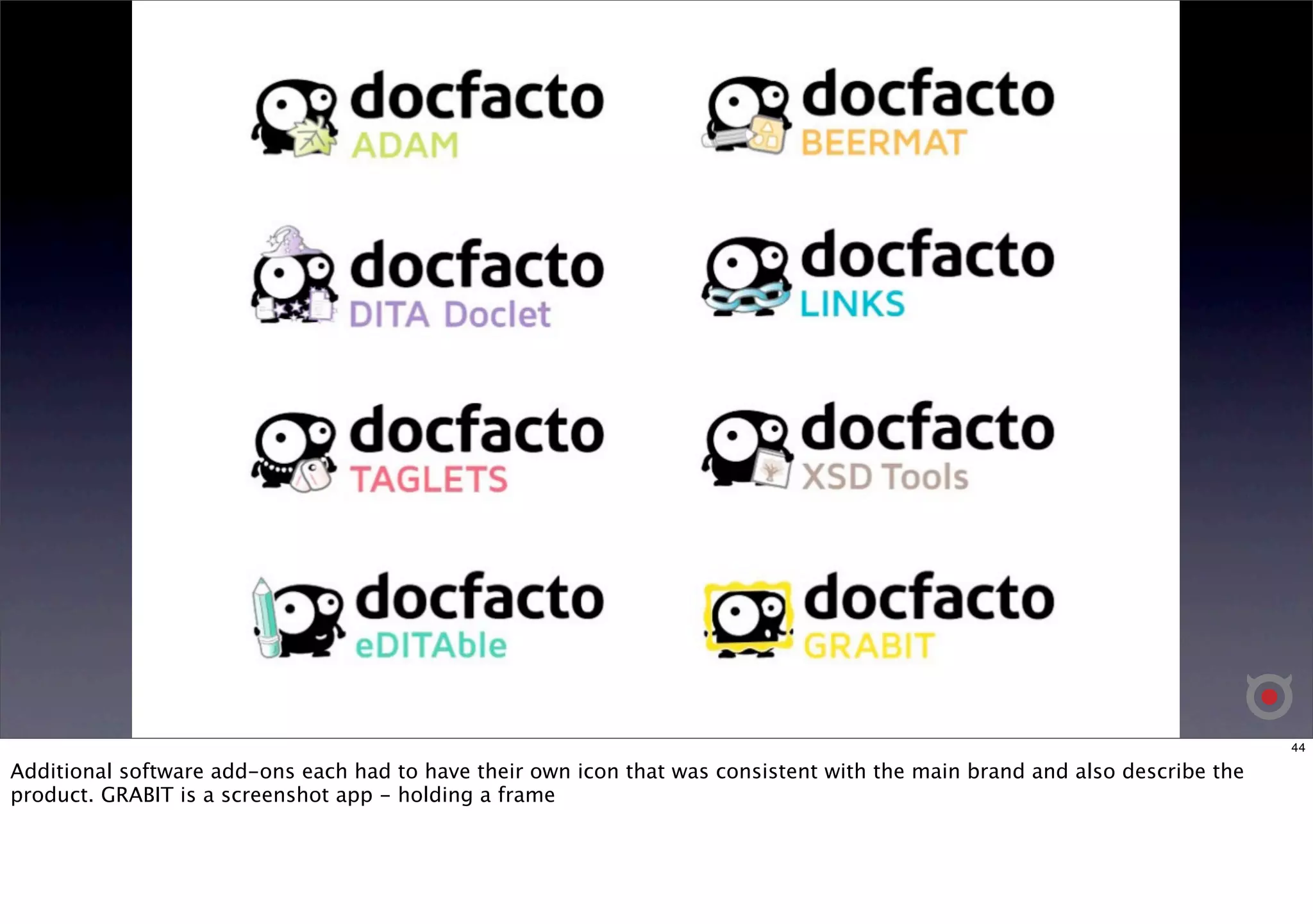 44 
Additional software add-ons each had to have their own icon that was consistent with the main brand and also describe the 
product. GRABIT is a screenshot app - holding a frame 
 