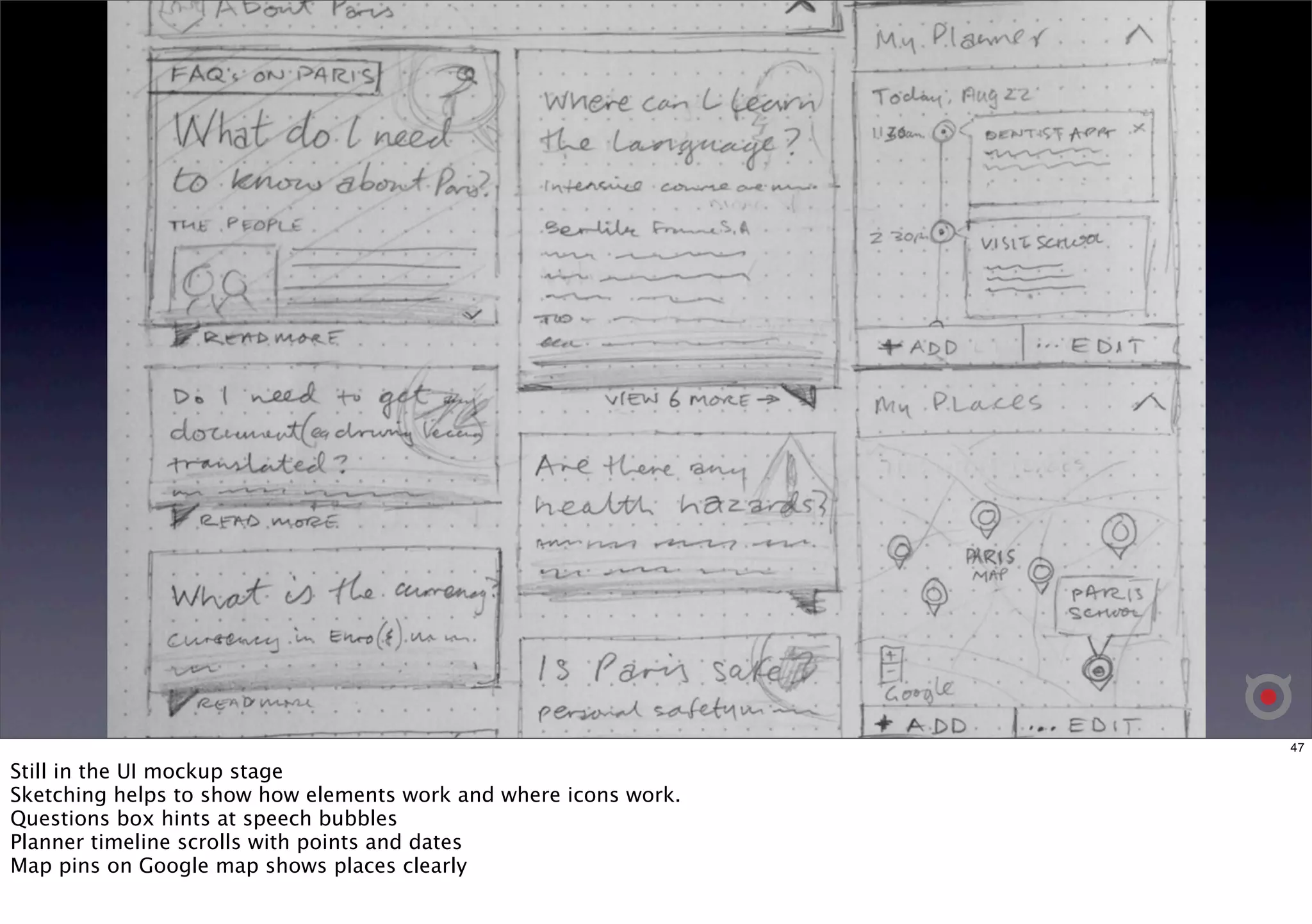 47 
Still in the UI mockup stage 
Sketching helps to show how elements work and where icons work. 
Questions box hints at speech bubbles 
Planner timeline scrolls with points and dates 
Map pins on Google map shows places clearly 
 
