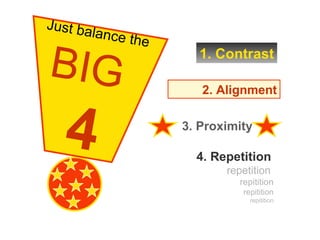 1. Contrast 4. Repetition   repetition   repitition repitition repitition 2. Alignment Just balance the   BIG  4 3. Proximity 