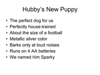 Hubby’s New Puppy The perfect dog for us Perfectly house-trained About the size of a football Metallic silver color Barks only at loud noises Runs on 4 AA batteries We named him Sparky 